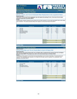 OPINION OF PROBABLE COST
Construction Project Number 10S
ITEM DESCRIPTION QUANTITY UNIT UNIT PRICE TOTAL
1 24" Pipe 1,700 LF 144$ 244,800$
2 18" Pipe 7,700 LF 108$ 831,600$
3 15" Pipe 5,000 LF 90$ 450,000$
4 48" Diameter Manhole 20 EA 4,000$ 80,000$
5 32" Boring and Casing 500 LF 495$ 247,500$
6 Pavement Repair 200 LF 30$ 6,000$
SUBTOTAL: $1,859,900
CONTINGENCY 20% $371,980
SUBTOTAL: $2,231,880
ENG/SURVEY 12% $267,830
SUBTOTAL: $2,499,710
PROJECT TOTAL $2,499,710
Construction Project Number 11S
ITEM DESCRIPTION QUANTITY UNIT UNIT PRICE TOTAL
1 10" Force Main 6,200 LF 60$ 372,000$
2 18" Pipe 1,600 LF 108$ 172,800$
3 48" Diameter Manhole 3 EA 4,000$ 12,000$
4 Lift Station Decommission 1 EA 200,000$ 200,000$
SUBTOTAL: $756,800
CONTINGENCY 20% $151,360
SUBTOTAL: $908,160
ENG/SURVEY 12% $108,980
SUBTOTAL: $1,017,140
PROJECT TOTAL $1,017,140
City of Killeen
2016-2018
August 8, 2012
Detailed Description
Project Description
24-inch, 18-inch, and 15-inch Wastewater Main Replacement in the Long Branch Basin
Detailed Description
The 24-inch, 18-inch and 15-inch wastewater main will replace the existing 21-inch, 12-inch and 10-inch mains
along the creek east of the North WWTP.
Purpose
Existing system analysis indicates that the existing line has limited capacity to convey peak wet weather flows under design
storm conditions. This project proposes adding more capacity to convey future flows to the WWTP.
Project Description
10-inch Force Main and 18-inch Gravity Main to divert Lift Station #24
The new force main along Chaparral Rd. from Lift Station #24 to Featherline Rd. will divert flow from Lift Station
#24 to the South WWTP. This project also calls for the decommissioning of Lift Station #24A.
Purpose
The purpose of this project is to divert flow from the Central Basin to the Trimmier Creek Basin. This will provide more
capacity in the wastewater mains upstream of Lift Station #2 and better utilize the capacity in the wastewater mains
upstream of the South WWTP.
B‐6
 