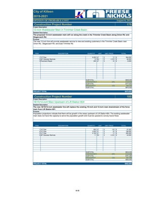OPINION OF PROBABLE COST
City of Killeen
2019-2021
August 8, 2012
Construction Project Number 17S
ITEM DESCRIPTION QUANTITY UNIT UNIT PRICE TOTAL
1 12" Pipe 8,250 LF 72$ 594,000$
2 48" Diameter Manhole 12 EA 4,000$ 48,000$
3 Pavement Repair 200 LF 30$ 6,000$
SUBTOTAL: $648,000
CONTINGENCY 20% $129,600
SUBTOTAL: $777,600
ENG/SURVEY 12% $93,320
SUBTOTAL: $870,920
PROJECT TOTAL $870,920
Construction Project Number 18S
ITEM DESCRIPTION QUANTITY UNIT UNIT PRICE TOTAL
1 18" Pipe 900 LF 108$ 97,200$
2 15" Pipe 2,200 LF 90$ 198,000$
3 12" Pipe 4,100 LF 72$ 295,200$
4 48" Diameter Manhole 11 EA 4,000$ 44,000$
SUBTOTAL: $634,400
CONTINGENCY 20% $126,880
SUBTOTAL: $761,280
ENG/SURVEY 12% $91,360
SUBTOTAL: $852,640
PROJECT TOTAL $852,640
Project Description
Purpose
12-inch Wastewater Main in Trimmier Creek Basin
Detailed Description
The proposed 12-inch wastewater main will run along the creek in the Trimmier Creek Basin along Onion Rd. and
Stagecoach Rd.
Purpose
The new 12-inch line will provide wastewater service to new and existing customers in the Trimmier Creek Basin near
Onion Rd., Stagecoach Rd. and East Trimmier Rd.
Project Description
18/15/12-inch Main Upstream of Lift Station #24
Detailed Description
The new 18/15/12-inch wastewater line will replace the existing 10-inch and 12-inch main downstream of the force
main from Lift Station #21.
Population projections indicate that there will be growth in the areas upstream of Lift Station #24. The existing wastewater
main does not have the capacity to serve the population growth and must be upsized to convey future flows.
B‐10
 