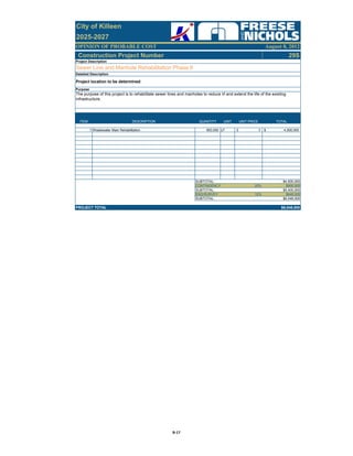 OPINION OF PROBABLE COST August 8, 2012
City of Killeen
2025-2027
Construction Project Number 29S
ITEM DESCRIPTION QUANTITY UNIT UNIT PRICE TOTAL
1 Wastewater Main Rehabilitation 900,000 LF 5$ 4,500,000$
SUBTOTAL: $4,500,000
CONTINGENCY 20% $900,000
SUBTOTAL: $5,400,000
ENG/SURVEY 12% $648,000
SUBTOTAL: $6,048,000
PROJECT TOTAL $6,048,000
Sewer Line and Manhole Rehabilitation Phase 6
Detailed Description
Project location to be determined
Purpose
The purpose of this project is to rehabilitate sewer lines and manholes to reduce I/I and extend the life of the existing
infrastructure.
Project Description
B‐17
 