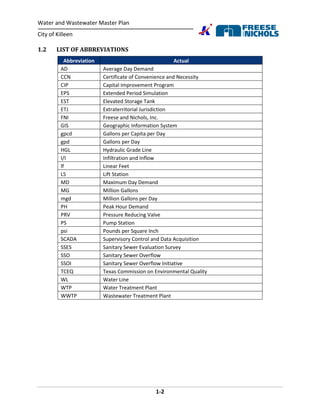 Water and Wastewater Master Plan
City of Killeen
1-2
1.2 LIST OF ABBREVIATIONS
Abbreviation Actual
AD Average Day Demand
CCN Certificate of Convenience and Necessity
CIP Capital Improvement Program
EPS Extended Period Simulation
EST Elevated Storage Tank
ETJ Extraterritorial Jurisdiction
FNI Freese and Nichols, Inc.
GIS Geographic Information System
gpcd Gallons per Capita per Day
gpd Gallons per Day
HGL Hydraulic Grade Line
I/I Infiltration and Inflow
lf Linear Feet
LS Lift Station
MD Maximum Day Demand
MG Million Gallons
mgd Million Gallons per Day
PH Peak Hour Demand
PRV Pressure Reducing Valve
PS Pump Station
psi Pounds per Square Inch
SCADA Supervisory Control and Data Acquisition
SSES Sanitary Sewer Evaluation Survey
SSO Sanitary Sewer Overflow
SSOI Sanitary Sewer Overflow Initiative
TCEQ Texas Commission on Environmental Quality
WL Water Line
WTP Water Treatment Plant
WWTP Wastewater Treatment Plant
 