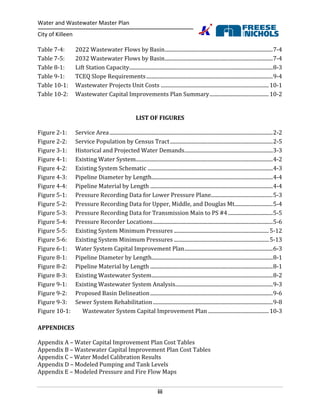 Water and Wastewater Master Plan
City of Killeen
iii
Table 7-4: 2022 Wastewater Flows by Basin..................................................................................7-4
Table 7-5: 2032 Wastewater Flows by Basin..................................................................................7-4
Table 8-1: Lift Station Capacity.............................................................................................................8-3
Table 9-1: TCEQ Slope Requirements................................................................................................9-4
Table 10-1: Wastewater Projects Unit Costs ..................................................................................10-1
Table 10-2: Wastewater Capital Improvements Plan Summary.............................................10-2
LIST OF FIGURES
Figure 2-1: Service Area............................................................................................................................2-2
Figure 2-2: Service Population by Census Tract..............................................................................2-5
Figure 3-1: Historical and Projected Water Demands...................................................................3-3
Figure 4-1: Existing Water System........................................................................................................4-2
Figure 4-2: Existing System Schematic ...............................................................................................4-3
Figure 4-3: Pipeline Diameter by Length............................................................................................4-4
Figure 4-4: Pipeline Material by Length .............................................................................................4-4
Figure 5-1: Pressure Recording Data for Lower Pressure Plane...............................................5-3
Figure 5-2: Pressure Recording Data for Upper, Middle, and Douglas Mt.............................5-4
Figure 5-3: Pressure Recording Data for Transmission Main to PS #4..................................5-5
Figure 5-4: Pressure Recorder Locations...........................................................................................5-6
Figure 5-5: Existing System Minimum Pressures ........................................................................5-12
Figure 5-6: Existing System Minimum Pressures ........................................................................5-13
Figure 6-1: Water System Capital Improvement Plan...................................................................6-3
Figure 8-1: Pipeline Diameter by Length............................................................................................8-1
Figure 8-2: Pipeline Material by Length .............................................................................................8-1
Figure 8-3: Existing Wastewater System............................................................................................8-2
Figure 9-1: Existing Wastewater System Analysis..........................................................................9-3
Figure 9-2: Proposed Basin Delineation.............................................................................................9-6
Figure 9-3: Sewer System Rehabilitation...........................................................................................9-8
Figure 10-1: Wastewater System Capital Improvement Plan ..............................................10-3
APPENDICES
Appendix A – Water Capital Improvement Plan Cost Tables
Appendix B – Wastewater Capital Improvement Plan Cost Tables
Appendix C – Water Model Calibration Results
Appendix D – Modeled Pumping and Tank Levels
Appendix E – Modeled Pressure and Fire Flow Maps
 