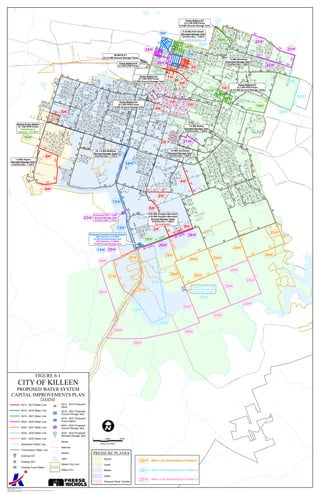 UT
UTUT
UTUT
UT
UTUTUT
UTUT
UTUT
[Ú
[Ú
[Ú
[Ú
[Ú
[Ú
(#
UT
(#
UT
(#
UT
(#
UT
(#
UT
UT[Ú
UT
(#
UT
!
A
T3W
20'' (LPP)
1.0 MG Airport
Elevated Storage Tank
Overflow Elev.: 1,164 ft
(2) 1.5 MG McMillan
Ground Storage Tanks
Overflow Elev.: 1,125 ft
Airport Pump Station
(2) 1,050 GPM Pumps
Rehabilitation
Capacity = 5.0 MGD
Pump Station # 4
(4) 2,550 GPM Pumps
1.5 MG Ground Storage Tank
Pump Station # 2
(3) 1,200 GPM Pumps
2.0 MG Ground Storage Tank
Pump Station # 6
(3) 3,500 GPM Pumps
BCWCID # 1
(3) 5.0 MG Ground Storage Tanks
0.25 MG Park Street
Elevated Storage Tank
Overflow Elev.: 1,000 ft
Decommission
1.5 MG Bundrant
Elevated Storage Tank
Overflow Elev.: 1,000 ft
Pump Station # 5
(3) 2,100 GPM Pumps
2.5 MG Ground Storage Tank
Pump Station # 3
(4) 2,450 GPM Pumps
(2) 5.0 MG Ground Storage Tanks
1.0 MG Rodeo
Elevated Storage Tank
Overflow Elev.: 1,000 ft
2.5 MG Southeast
Elevated Storage Tank
Overflow Elev.: 1,000 ft
0.63 MG Douglas Mountain
0.22 MG Douglas Mountain
Ground Storage Tanks
Overflow Elev.: 1,099 ft
Decommission
Proposed UPP 1.5 MG
Ground Storage Tank
Overflow Elev.: 1,125 ft
Proposed Chaparral Pump Station
UPP Capacity = 6.0 MGD
3.0 MG Ground Storage Tank
LPP Capacity = 4.0 MGD
3.0 MG Ground Storage Tank
Proposed LPP 1.0 MG
Elevated Storage Tank
Overflow Elev.: 1,000 ft
T29W
T29W
T29W
T35W
T35W
T35W
T35W
T35W
T35W
T28W
T33W
T28W T28W
T28W
T26W
T28W
T31W
T31W
T31W
T27W
T27W
T27W
T36W
T36W
T25W
T2W
T23W
T34W
T36W
T36W
T10W
T4W
T21W
T32W
T32W
T32W
T22W
T1W
T1W
T6W
T6W
T5W
T1W
T26W
T2W
T33W
T16W
T1W
T3W
T7W
T20W
T14W
T1W
T8W
T8W
T9W
T11W
T12W
T12W
T13W
T15W
T17W
T18W
T19W
T22W
T22W
T24W
20'' (LPP)
12'' (UPP)
12'' (UPP)
12''
8''
12''
12''
8''
12''
12''
12''
8''
12''
8''
8''
8''
8''
12''
12''
12''
20''
6''
8''
20''
20''
20''
20''
20''
12''
6''
12''
20''
20''
12''
12''
12''
12''
12''
12''
12''
16''
12''
16''(LPP)
12''
12''
12''
12''
12''
12''
12''
16''
12''
12''
16''
12''
12''
12''
12''
16''
16"
20"
12"
24"
30"
18"
12"
12"
16"
12"
12"
12"
12"
12"
12"
12"
16"
12"
16"
12"
12"
16"
12"
12"
12"
12"
16"
12"
12"
12"
12"
20"
12"
20"
12"
16"
12"
12"
12"
12"
12"
12"
20"
16"16"
16"
20"
12"
16"
20"
12"
20"
12"
12"
16"
12"
12"
12"
16"
16"
12"
12"
12"
24"
16"
16"
16"
12"
12"
12"
12"
24"
12"
24"
20"
12"
20"
16"
12"
16"
12"
12"
12"
12"
16"
20"
20"
16"
12"
24"
12"
12"
12"
20"
20"
20"
16"
12"
18"
16"
12"
12"
12"
16"
20"
12"
20"
12"
12"
20"
12"
12"
16"
12"
16"
12"
12"
12"
16"
12"
12"
16"
12"
16"
12"
12"
12"
12"
12"
20"
12"
16"
12"
12"
12"
16"
30"
16"
16"
16"
12"
16"
12"
12"
12"
12"
12"
24"
20"
12"
12"
12"
12"
12"
20"
12"
20"
12"
12"
16"
16"
12"
16"
12"
12"
12"
12"
16"
12"
20"
20"
12"
24"
12"
12"
12"
20"
20"
12"
12"
12"
12"
12"
12"
12"
12"
16"
12"
12"
12"
12"
20"
12"
16"
16"
20"
20"
16"
12"
12"
12"
12" 16"
16"
20"
16"
16"
12"
12"
16"
6"
2"
8"
1"
4"
3"
10"
Unknown
6"
6"
8"
8"
8"
8"
6"
8"
6"
8"
6"6"
6"
6"
8"
6"
6"
6"
8"
6"
6"
8"
8"
6"
6"
8"
2"
6"
8"
2"
8"
8"
6"
6"
6"
6"
6"
6"
8"
6"
6"
6"
8"
6"
8"
2"
8"
8"
6"
6"
6"
8"
6"
8"
6"
6"
8"
6"
6"
6"
1"
6"
6"
6"
6"
6"
8"
8"
8"
6"
8"
6"
6"
8"
8"
6"
6"
6"
8"
6"
8"
8"
6"
6"
6"
8"
6"
6"
6"
8"
8"
8"
8"
8"
6"
6"
6"
8"
6"
8"
8"
6"
8"
8"
6"
8"
6"
6"
8"
6"
2"
2"
8"
6"
3"
6"
8"
8"
6"
6"
6"6"
6"
8"
8"
6"
1"
6"
6"
6"
6"
8"
6"
6"
8"
6"
6"
6"
6"
8"
1"
6"
6"
8"
6"
8"
8"
6"
6"
6"
6"
8"
8"
8"
6"
8"6"
8"
6"
8"
6"
8"
8"
8"
8"
6"
6"
6"
6"
6"
8"
8"
6"
8"
6"
6"
6"
6"
8"
8"
8"
6"
6"
6"
6"
8"
6"
1"
6"
6"
6"
8"
6"
6"
8"
8"
6"
8"
8"
8"
6"
6"
8"
8"
6"
8"
6"
6"
6"
8"
8"
6"
4"
6"
8"
8"
8"
8"
8"
6"
6"
6"
2"
8"
2"
8"
8"
8"
8"
6"
6"
8"
6"
8"
8"
6"
8"
6"
1"
6"
6"
6"
6"
8"
6"
6"
8"
6"
6"
6"
6"
6"
1"
8"
8"
6"
8"
8"
8"
6"
6"
6"
6"
8"
6"
6"
6"
6"
6"
1"
8"
8"
6"
6"
8"
6"
6"
1"
6"
6"
6"
4"
8"
6"
6"
6"
8"
6"
6"
6"
6"
8"
6"
6"
6"
6"
8"
8"
8"
6"
6"
8"
6"
8"
6"
8"
6"
6"
8"
6"
8"
6"
6"
6"
6"
6"
6"
6"
6"
8"
6"
6"
6"
6"
2"
6" 8"
8"
6"
6"
8"
6"
8"
8"
8"
8"
8"
6"
6"
6"
6"
6"
6"
6"
8"
6"
6"
6"
2"
6"
8"
6"
6"
8"
8"
4"
8"
8"
8"
8"
6"
6"
6"
2"
6"
6"
8"
8"
6"
6"
8"
8"
6"
6"
6"
8"
8"
6"
Unknown
8"
8"
6"
6"
6"
8"
6"
8"
8"
6"
8"
6"
6"
8"
8"
6"
6"
6"
6"
8"
6"
6"
6"
6"
6"
6"
6"
8"
8"
8"
6"
6"
2"
6"
6"
8"
6"
8"
8"
8"
8"
6"
6"
8"
8"
8"
6"
6"
6"
6"
8"
6"
6"
6"
8"
6"
6"
1"
8"
6"
1"
8"
6"
6"
8"
8"
6"
8"
2"
6"
8"
6"
8"
6"
6"
8"
2"
6"
8"
6"
6"
4"
6"
8"
6"
1"
6"
8"
8"
6"
6"
6"
6"
8"
3"
8" 1"
8"
6"
8"
6"
6"
6"
6"
8"
6"
8"
6"
6"
6"
8"
8"
8"
6"
6"
6"
8"
4"
8"
6"
6"
8"
1"
6"
1"
6"
6"
8"
8"
6"
8"
6"
6"
8"
8"
6"
3"
8"
8"
8"
6"
10"
8"
6"
1"
8"
1"
8"
1"
6"
8"
6"
6"
6"
8"
6"
8"
6"
8"
6"
1"
4"
6"
6"
6"
6"
6"
8"
8"
6"
6"
6"
8"
6"
8"
8"
6"
6"
6"
8"
6"
8"
6"
6"
8"
8"
8"
8"
8"
6"
8"
6"
6"
2"
8"
6"
8"
6"
8"
6"
6"
6"
8"
8"
8"
6"
6"
6"
8"
6"
8"
8"
6"
6"
8"
6"
8"
4"
8"
6"
8"
6"
8"
6"
8"
8"
6"
6"
6"
6"
6"
6"
6"
8"
8"
6"
6"
8"
8"
6"
8"
8"
10"
8"
6"
8"
8"
6"
8"
8"
6"
8"
6"
6"
1"
10"
6"
6"
1"
6"
2"
2"
6"
6"
1"
8"
6"
10"
8"
6"
6"
8"
6"
6"
8"
6"
6"
8"
6"
8"
8"
6"
2"
6"
1"
8"
4"
6"
1"
6"
6"
8"
6"
6"
2"
6"
6"
6"
6"
6"
6"
8"
6"
3"
8"
6"
1"
6"
6"
6"
8"
8"
6"
6"
6"
8"
6"
6"
6"
6"
6"
8"
6"
6"
6"
2"
6"
8"
6"
8"
6"
8"
6"
6"
8"
6"
6"
6"
6"
6"
3"
8"
6"
6"
8"
8"
8"
8"
8"
6"
8"
1"
6"
6"
6"
8"
6"
6"
8"
6"
8"
6"
8"
6"
6"
6"
8"
6"
6"
8"
6"
6"
8"
6"
6"
8"
8"
6"
6"
2"
6"
6"
8"
6"
8"
6"
6"
6"
6"
6"
8"
6"
3"
6"
6"
6"
8"
8"
6"
6"
6"
6"
8"
8"
8"
2"
6"
6"
8"
6"
8"
2"
6"
6"
8"
6"
6"
2"
6"
6"
6"
6"
6"
8"
8"
6"
8"
1"
8"
3"
8"
8"
6"
6"
6"
8"
8"
6"
6"
6"
6"
8"
8"
6"
6"
6"
6"
6"
6"
8"
8"
6"
8"
6"
8"
8"
6"
8"
6"
4"
6"
8"
6"
6"
6"
6"
2"
8"
6"
6"
8"
6"
8"
6"
8"
3"
3"
6"
6"
2"
6"
6"
8"
8"
6"
6"
6"
6"
8"
6"
6"
10"
8"
6"
Sthy195
Ushy 190
E Rancier Ave
SWSYoungDr
Battalion Ave
Farm
To Market Road 2484
Clear Creek Rd
W Veterans Memorial Blvd
HoodRd
Tank Destroyer Blvd
Indian
Trl
Central Dr
S
AnnBlvd
E Farm To Market Road 2410
Mountain Lion Rd
S Roy Reynolds
Dr
E Veterans Memorial Blvd
N
C
entral Texas Expy
W
Farm To Market Road 2410
Farm To Market Road
439
FarmToMarketRoad440
Terminal Ave
Sthy195
ClearCreekRd
Farm
To
M
arketRoad
440
Tank Destroyer Blvd
Ushy 190
FORTHOOD
ST
CHAPARRAL RD
REESE CREEK RD
LAU R
A
DR
MONEYPITRD
OAKALLARD
CASTLETON DR
LORNE DR
SCARLET OAK
DR
FORT
HOOD
ST
FIGURE 6-1
CITY OF KILLEEN
PROPOSED WATER SYSTEM
CAPITAL IMPROVEMENTS PLAN
LEGEND
2013 - 2015 Water Line
2016 - 2018 Water Line
2019 - 2021 Water Line
2022 - 2024 Water Line
2025 - 2027 Water Line
2028 - 2030 Water Line
2031 - 2033 Water Line
Distribution Water Line
Transmission Water Line
(#
UT Existing EST
UT Existing GST
[Ú Existing Pump Station
!
A
2013 - 2015 Proposed
Valve
UT
2019 - 2021 Proposed
Ground Storage Tank
[Ú
2019 - 2021 Proposed
Pump Station
UT
2022 - 2024 Proposed
Ground Storage Tank
(#
UT 2025 - 2032 Proposed
Elevated Storage Tank
Street
Railroad
Stream
Lake
Killeen City Limit
Killeen ETJ
0 2,800 5,600
SCALE IN FEET
I
PRESSURE PLANES
Airport
Lower
Middle
Upper
Pressure Plane Transfer
Created By Freese and Nichols, Inc.
Job No.: KIL11275
Location: H:W_WW_PLANNINGDELIVERABLES11-Final_W_WW_Report(Figure-6-1)-Water_System_CIP.mxd
Updated: Monday, October 22, 2012
T30W Water Line Rehabilitation Phase 9
T34W Water Line Rehabilitation Phase 10
T37W Water Line Rehabilitation Phase 11
 