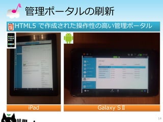 管理ポータルの刷新
HTML5 で作成された操作性の高い管理ポータル




  iPad        Galaxy SⅡ
                           14
 