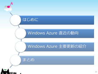 はじめに


 Windows Azure 直近の動向


 Windows Azure 主要更新の紹介


まとめ

                         34
 