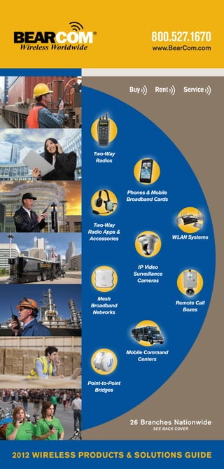 800.527.1670
                                         www.BearCom.com




                 Two-Way
                  Radios




                                Phones & Mobile
                                Broadband Cards




                 Two-Way
               Radio Apps &
               Accessories                        WLAN Systems




                                   IP Video
                                  Surveillance
                                   Cameras


                  Mesh
                                                   Remote Call
                Broadband
                                                     Boxes
                 Networks




                                Mobile Command
                                    Centers



               Point-to-Point
                  Bridges




                                 26 Branches Nationwide
                                          See back cover




2012 Wireless Products & Solutions Guide
 