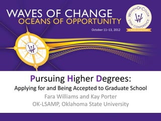 October 11–13, 2012




     Pursuing Higher Degrees:
Applying for and Being Accepted to Graduate School
            Fara Williams and Kay Porter
       OK-LSAMP, Oklahoma State University
 