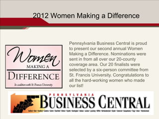 2012 Women Making a Difference


          Pennsylvania Business Central is proud
          to present our second annual Women
          Making a Difference. Nominations were
          sent in from all over our 20-county
          coverage area. Our 20 finalists were
          selected by a six-person committee from
          St. Francis University. Congratulations to
          all the hard-working women who made
          our list!
 