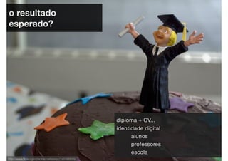 o resultado
esperado?




                                                   diploma + CV...
                                                   identidade digital
                                                         alunos
                                                         professores
                                                         escola
http://www.ﬂickr.com/photos/carbonnyc/143186839/
 