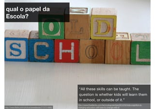 qual o papel da
 Escola?




                                                     “All these skills can be taught. The
                                                     question is whether kids will learn them
                                                     in school, or outside of it.”
                                                     http://www.theatlantic.com/technology/archive/2012/02/kids-cognition-is-
http://www.ﬂickr.com/photos/sweetjessie/2737516882   changing-education-will-have-to-change-with-it/
 