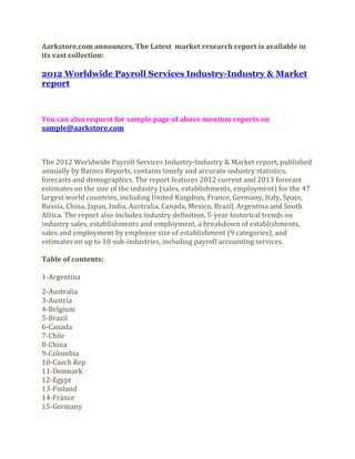 Aarkstore.com announces, The Latest market research report is available in
its vast collection:

2012 Worldwide Payroll Services Industry-Industry & Market
report



You can also request for sample page of above mention reports on
sample@aarkstore.com



The 2012 Worldwide Payroll Services Industry-Industry & Market report, published
annually by Barnes Reports, contains timely and accurate industry statistics,
forecasts and demographics. The report features 2012 current and 2013 forecast
estimates on the size of the industry (sales, establishments, employment) for the 47
largest world countries, including United Kingdom, France, Germany, Italy, Spain,
Russia, China, Japan, India, Australia, Canada, Mexico, Brazil, Argentina and South
Africa. The report also includes industry definition, 5-year historical trends on
industry sales, establishments and employment, a breakdown of establishments,
sales and employment by employee size of establishment (9 categories), and
estimates on up to 10 sub-industries, including payroll accounting services.

Table of contents:

1-Argentina
2-Australia
3-Austria
4-Belgium
5-Brazil
6-Canada
7-Chile
8-China
9-Colombia
10-Czech Rep
11-Denmark
12-Egypt
13-Finland
14-France
15-Germany
 