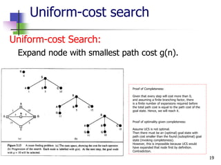 19
Uniform-cost search
Uniform-cost Search:
Expand node with smallest path cost g(n).
Proof of Completeness:
Given that every step will cost more than 0,
and assuming a finite branching factor, there
is a finite number of expansions required before
the total path cost is equal to the path cost of the
goal state. Hence, we will reach it.
Proof of optimality given completeness:
Assume UCS is not optimal.
Then there must be an (optimal) goal state with
path cost smaller than the found (suboptimal) goal
state (invoking completeness).
However, this is impossible because UCS would
have expanded that node first by definition.
Contradiction.
 