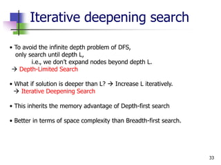 33
Iterative deepening search
• To avoid the infinite depth problem of DFS,
only search until depth L,
i.e., we don’t expand nodes beyond depth L.
 Depth-Limited Search
• What if solution is deeper than L?  Increase L iteratively.
 Iterative Deepening Search
• This inherits the memory advantage of Depth-first search
• Better in terms of space complexity than Breadth-first search.
 