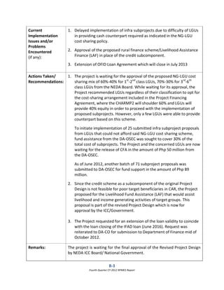 B-3
Fourth Quarter CY 2012 RPMES Report
Current
Implementation
Issues and/or
Problems
Encountered
(if any):
1. Delayed implementation of infra subprojects due to difficulty of LGUs
in providing cash counterpart required as indicated in the NG-LGU
cost sharing policy.
2. Approval of the proposed rural finance scheme/Livelihood Assistance
Finance (LAF) in place of the credit subcomponent.
3. Extension of OFID Loan Agreement which will close in July 2013
Actions Taken/
Recommendations:
1. The project is waiting for the approval of the proposed NG-LGU cost
sharing mix of 60%-40% for 1st
-2nd
class LGUs, 70%-30% for 3rd
-6th
class LGUs from the NEDA Board. While waiting for its approval, the
Project recommended LGUs regardless of their classification to opt for
the cost-sharing arrangement included in the Project Financing
Agreement, where the CHARMP2 will shoulder 60% and LGUs will
provide 40% equity in order to proceed with the implementation of
proposed subprojects. However, only a few LGUs were able to provide
counterpart based on this scheme.
To initiate implementation of 25 submitted infra subproject proposals
from LGUs that could not afford said NG-LGU cost sharing scheme,
fund assistance from the DA-OSEC was sought to cover 30% of the
total cost of subprojects. The Project and the concerned LGUs are now
waiting for the release of CFA in the amount of Php 50 million from
the DA-OSEC.
As of June 2012, another batch of 71 subproject proposals was
submitted to DA-OSEC for fund support in the amount of Php 89
million.
2. Since the credit scheme as a subcomponent of the original Project
Design is not feasible for poor target beneficiaries in CAR, the Project
proposed for the Livelihood Fund Assistance (LAF) that would assist
livelihood and income generating activities of target groups. This
proposal is part of the revised Project Design which is now for
approval by the ICC/Government.
3. The Project requested for an extension of the loan validity to coincide
with the loan closing of the IFAD loan (June 2016). Request was
reiterated to DA-CO for submission to Department of Finance mid of
October 2012.
Remarks: The project is waiting for the final approval of the Revised Project Design
by NEDA ICC Board/ National Government.
 