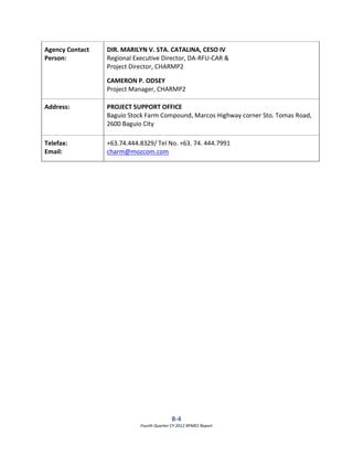 B-4
Fourth Quarter CY 2012 RPMES Report
Agency Contact
Person:
DIR. MARILYN V. STA. CATALINA, CESO IV
Regional Executive Director, DA-RFU-CAR &
Project Director, CHARMP2
CAMERON P. ODSEY
Project Manager, CHARMP2
Address: PROJECT SUPPORT OFFICE
Baguio Stock Farm Compound, Marcos Highway corner Sto. Tomas Road,
2600 Baguio City
Telefax:
Email:
+63.74.444.8329/ Tel No. +63. 74. 444.7991
charm@mozcom.com
 