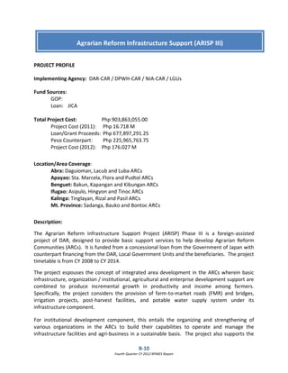 B-10
Fourth Quarter CY 2012 RPMES Report
PROJECT PROFILE
Implementing Agency: DAR-CAR / DPWH-CAR / NIA-CAR / LGUs
Fund Sources:
GOP:
Loan: JICA
Total Project Cost: Php 903,863,055.00
Project Cost (2011): Php 16.718 M
Loan/Grant Proceeds: Php 677,897,291.25
Peso Counterpart: Php 225,965,763.75
Project Cost (2012): Php 176.027 M
Location/Area Coverage:
Abra: Daguioman, Lacub and Luba ARCs
Apayao: Sta. Marcela, Flora and Pudtol ARCs
Benguet: Bakun, Kapangan and Kibungan ARCs
Ifugao: Asipulo, Hingyon and Tinoc ARCs
Kalinga: Tinglayan, Rizal and Pasil ARCs
Mt. Province: Sadanga, Bauko and Bontoc ARCs
Description:
The Agrarian Reform Infrastructure Support Project (ARISP) Phase III is a foreign-assisted
project of DAR, designed to provide basic support services to help develop Agrarian Reform
Communities (ARCs). It is funded from a concessional loan from the Government of Japan with
counterpart financing from the DAR, Local Government Units and the beneficiaries. The project
timetable is from CY 2008 to CY 2014.
The project espouses the concept of integrated area development in the ARCs wherein basic
infrastructure, organization / institutional, agricultural and enterprise development support are
combined to produce incremental growth in productivity and income among farmers.
Specifically, the project considers the provision of farm-to-market roads (FMR) and bridges,
irrigation projects, post-harvest facilities, and potable water supply system under its
infrastructure component.
For institutional development component, this entails the organizing and strengthening of
various organizations in the ARCs to build their capabilities to operate and manage the
infrastructure facilities and agri-business in a sustainable basis. The project also supports the
Agrarian Reform Infrastructure Support (ARISP III)
 