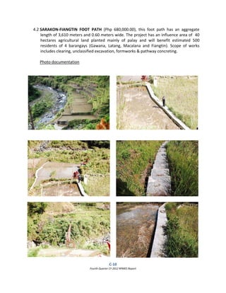C‐10  
Fourth Quarter CY 2012 RPMES Report 
 
4.2 SARAKON‐FIANGTIN  FOOT  PATH  (Php  680,000.00),  this  foot  path  has  an  aggregate 
length of 3,610 meters and 0.60 meters wide. The project has an influence area of  40 
hectares  agricultural  land  planted  mainly  of  palay  and  will  benefit  estimated  500 
residents  of  4  barangays  (Gawana,  Latang,  Macalana  and  Fiangtin).  Scope  of  works 
includes clearing, unclassified excavation, formworks & pathway concreting.  
 
Photo documentation 
 
 
 
 
 
 
 
 
 
 
 