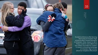 33




 Students embrace after leaving
        the burial of Chardon High
 school student Daniel Parmertor
in Chardon, Ohio, March 3, 2012.
    Three students were killed and
 two others wounded by suspect
   TJ Lane in a shooting rampage
          at Chardon High school.
    (Shannon Stapleton/Reuters)#
 