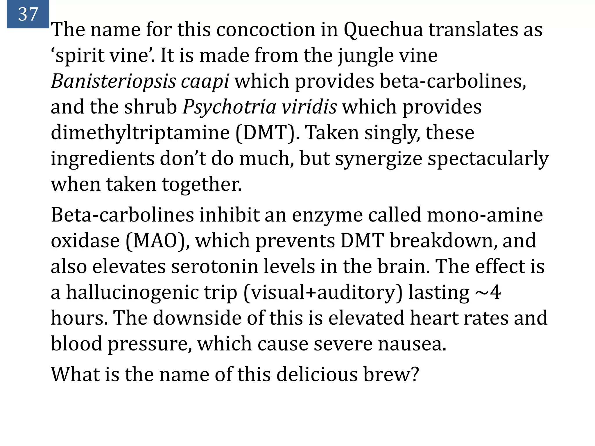 37
     The name for this concoction in Quechua translates as
     ‘spirit vine’. It is made from the jungle vine
     Banisteriopsis caapi which provides beta-carbolines,
     and the shrub Psychotria viridis which provides
     dimethyltriptamine (DMT). Taken singly, these
     ingredients don’t do much, but synergize spectacularly
     when taken together.
     Beta-carbolines inhibit an enzyme called mono-amine
     oxidase (MAO), which prevents DMT breakdown, and
     also elevates serotonin levels in the brain. The effect is
     a hallucinogenic trip (visual+auditory) lasting ~4
     hours. The downside of this is elevated heart rates and
     blood pressure, which cause severe nausea.
     What is the name of this delicious brew?
 