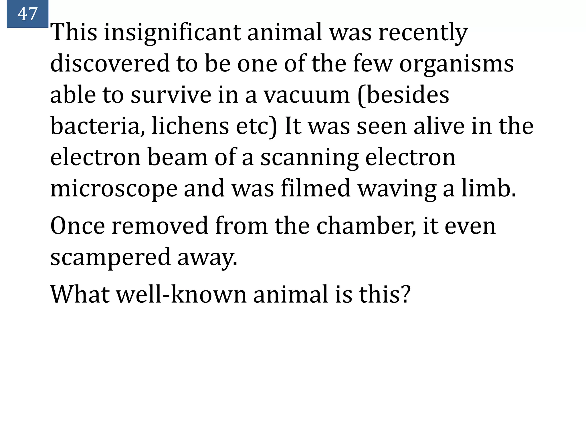 47
     This insignificant animal was recently
     discovered to be one of the few organisms
     able to survive in a vacuum (besides
     bacteria, lichens etc) It was seen alive in the
     electron beam of a scanning electron
     microscope and was filmed waving a limb.
     Once removed from the chamber, it even
     scampered away.
     What well-known animal is this?
 