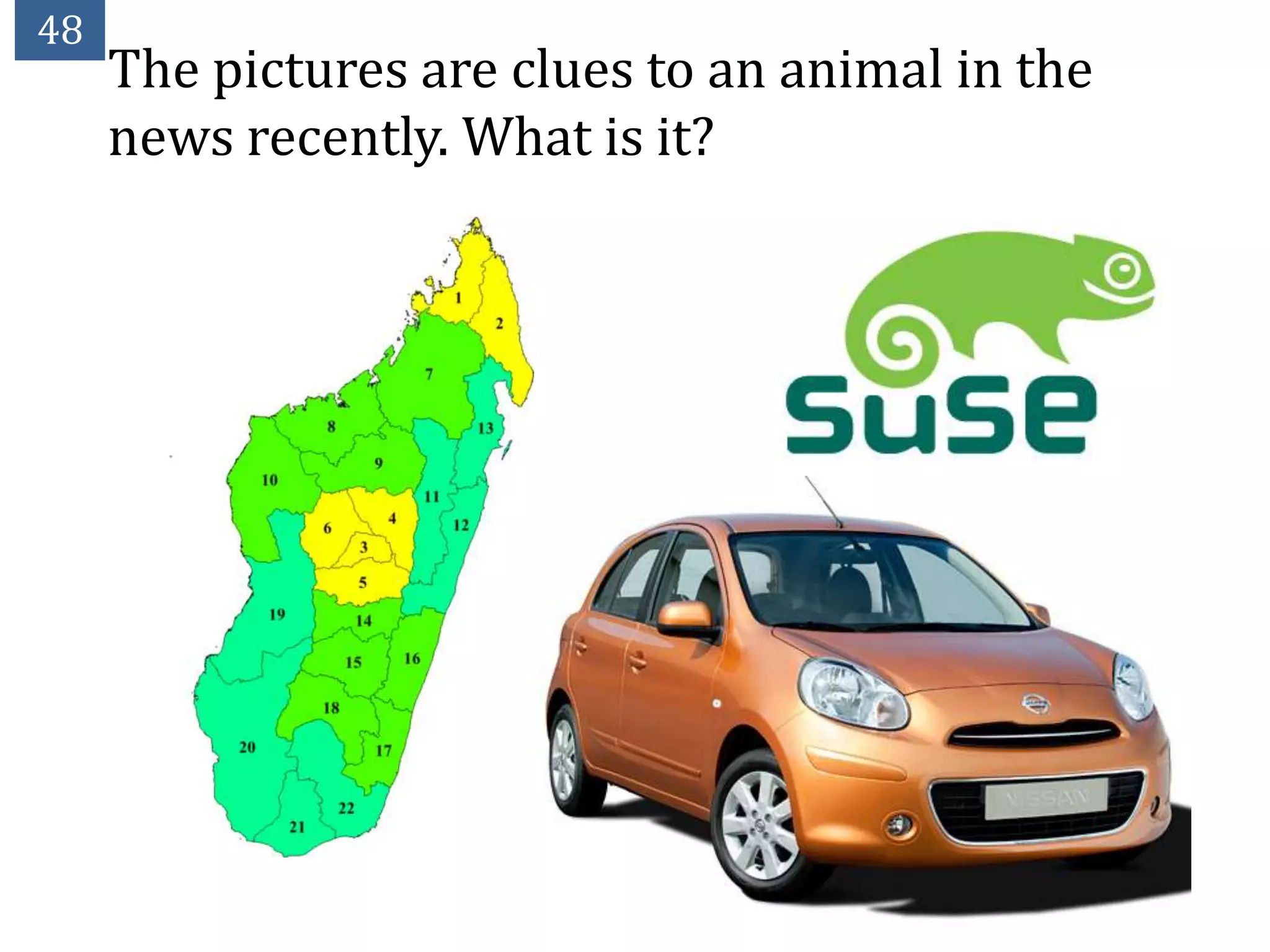 48
     The pictures are clues to an animal in the
     news recently. What is it?
 
