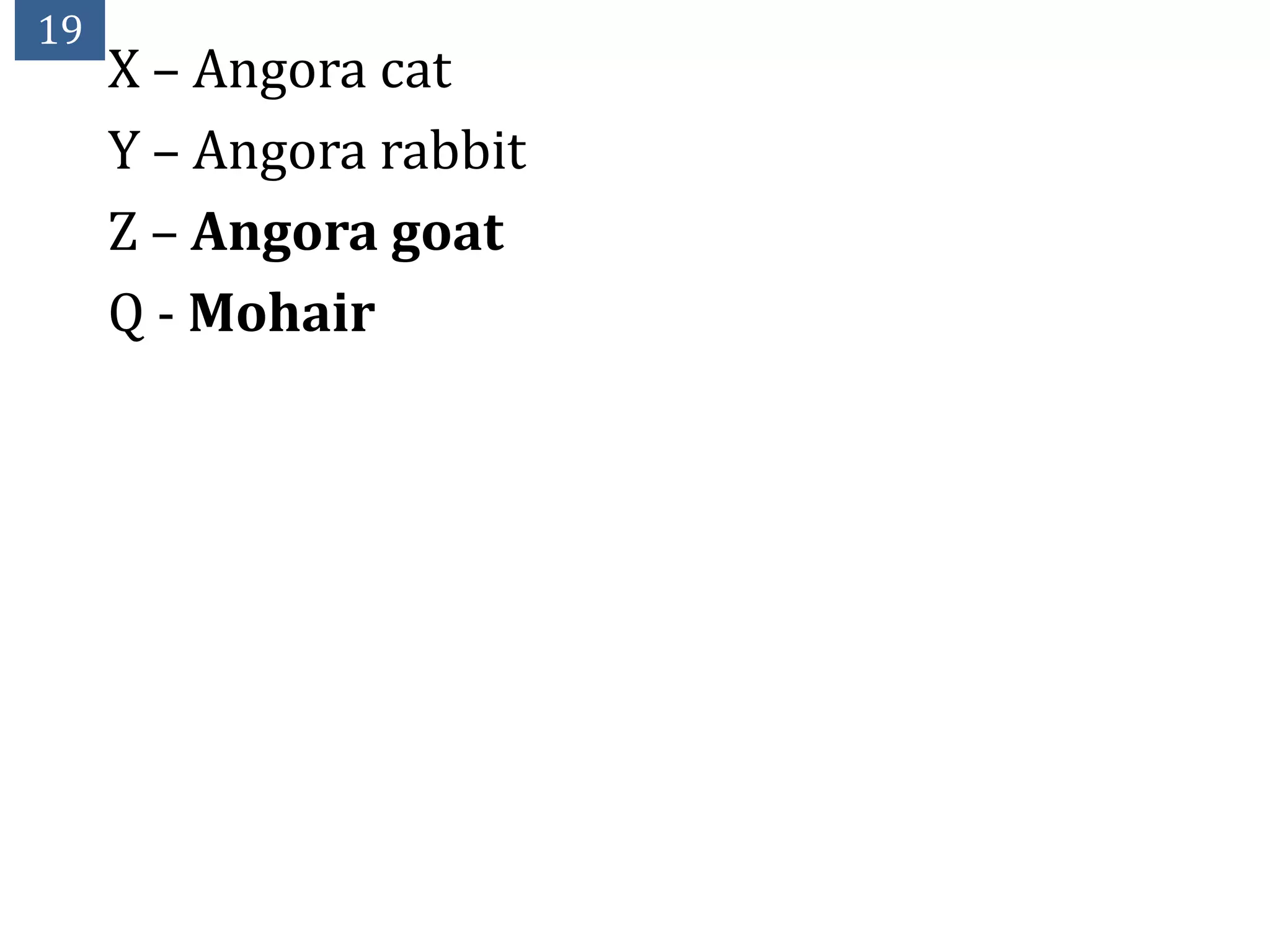 19
     X – Angora cat
     Y – Angora rabbit
     Z – Angora goat
     Q - Mohair
 