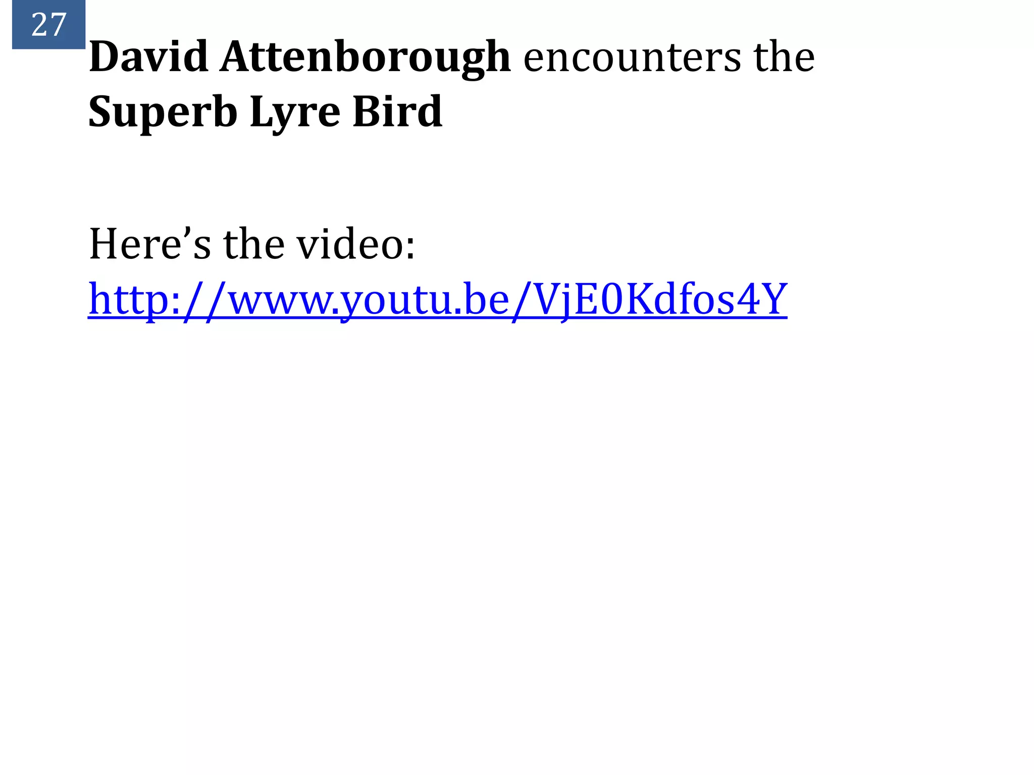 27
     David Attenborough encounters the
     Superb Lyre Bird

     Here’s the video:
     http://www.youtu.be/VjE0Kdfos4Y
 