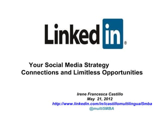 Your Social Media Strategy
Connections and Limitless Opportunities


                      Irene Francesca Castillo
                           May 21, 2012
         http://www.linkedin.com/in/icastillomultilingual5mba
                             @multi5MBA
 