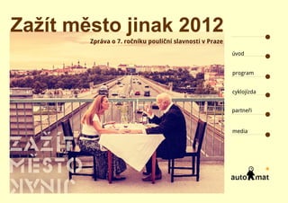 Zažít město jinak 2012
        Zpráva o 7. ročníku pouliční slavnosti v Praze
                                                         úvod


                                                         program


                                                         cyklojízda


                                                         partneři


                                                         media
 