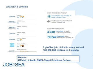 JOB2SEA & LinkedIn




                                2 profiles join LinkedIn every second
                                188.000.000 profiles on LinkedIn


          We are :
          Official LinkedIn EMEA Talent Solutions Partner
 