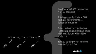 Used by >100.000 developers
                               in >150 countries

                               Building apps for fortune 500,
                               startups, governments, ...
                               across all industries

                               Collaborating by contributing
                               ~300 plug-ins and helping each
                               other on a forum with ~1500
                               posts / m
      add-ons, mainstream, 7
                               Backed by 60 person full-time
                               team in Fi, Us & De
 10




                      12
            11
20




           20




                     20
 