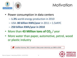 Motivation

    • Power consumption in data centers
           – 1.3% world energy production in 2010
           – USA: 80 billion KWh/year in 2011 = 1.5xNYC
           – 250 billion KWh/year in 2010
    • More than 43 Million tons of CO2 / year
    • More water than paper, automotive, petrol, wood
      or plastic industry

                      Jonathan Koomey. 2011. Growth in Data center electricity use 2005 to 2010




Marina Zapater | Workshop PICATA | 14-02-2013             4
 