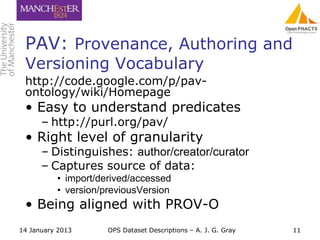 PAV: Provenance, Authoring and
 Versioning Vocabulary
 http://code.google.com/p/pav-
 ontology/wiki/Homepage
 • Easy to un...