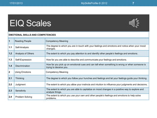 17/01/2013                                                   MySkillsProfile © 2012                              7




EIQ Scales
EMOTIONAL SKILLS AND COMPETENCIES

1     Reading People       Competency Meaning

                           The degree to which you are in touch with your feelings and emotions and notice when your mood
1.1   Self-Analysis
                           changes.

1.2   Analysis of Others   The extent to which you pay attention to and identify other people’s feelings and emotions.

1.3   Self-Expression      How far you are able to describe and communicate your feelings and emotions.

                           How far you pick up on emotional cues and can tell when something is wrong or when someone is
1.4   Discrimination
                           trying to deceive you.

2     Using Emotions       Competency Meaning

2.1   Thinking             The degree to which you follow your hunches and feelings and let your feelings guide your thinking.

2.2   Judgment             The extent to which you allow your instincts and intuition to influence your judgments and decisions.

                           The extent to which you are able to capitalize on mood changes in a positive way to explore and
2.3   Sensitivity
                           analyze things.
                           The extent to which you use your own and other people’s feelings and emotions to help solve
2.4   Problem Solving
                           problems.
 