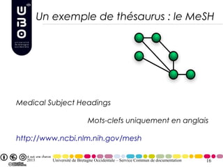 Un exemple de thésaurus : le MeSH




Medical Subject Headings

                              Mots-clefs uniquement en anglais

http://www.ncbi.nlm.nih.gov/mesh

  2013      Université de Bretagne Occidentale – Service Commun de documentation   16
 