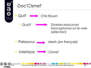 Doc'Cismef

       Qui?                      CHU Rouen

         Quoi?                                Diverses ressources
                                              francophones sur le web
                                              (sélection)


       Thésaurus                          Mesh (en français)


       Interface                          Cismef



2013    Université de Bretagne Occidentale – Service Commun de documentation   38
 