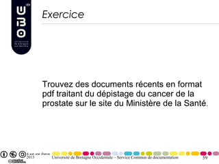 Exercice




       Trouvez des documents récents en format
       pdf traitant du dépistage du cancer de la
       prostate sur le site du Ministère de la Santé .




2013     Université de Bretagne Occidentale – Service Commun de documentation   59
 
