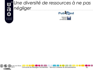 Une diversité de ressources à ne pas
   négliger




2013   Université de Bretagne Occidentale – Service Commun de documentation   61
 