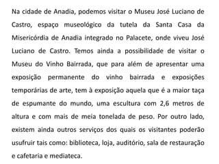 Na cidade de Anadia, podemos visitar o Museu José Luciano de
Castro, espaço museológico da tutela da Santa Casa da
Misericórdia de Anadia integrado no Palacete, onde viveu José
Luciano de Castro. Temos ainda a possibilidade de visitar o
Museu do Vinho Bairrada, que para além de apresentar uma
exposição permanente do vinho bairrada e exposições
temporárias de arte, tem à exposição aquela que é a maior taça
de espumante do mundo, uma escultura com 2,6 metros de
altura e com mais de meia tonelada de peso. Por outro lado,
existem ainda outros serviços dos quais os visitantes poderão
usufruir tais como: biblioteca, loja, auditório, sala de restauração
e cafetaria e mediateca.
 