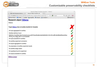 Wf4Ever Tools
Customizable preservability checklists




                                    18
 