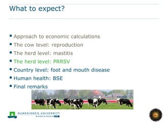 What to expect?



 Approach to economic calculations
 The cow level: reproduction
 The herd level: mastitis
 The herd level: PRRSV
 Country level: foot and mouth disease
 Human health: BSE
 Final remarks
 