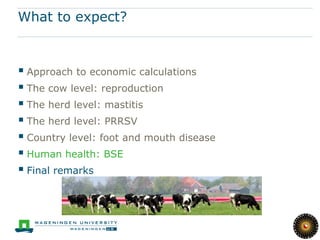 What to expect?



 Approach to economic calculations
 The cow level: reproduction
 The herd level: mastitis
 The herd level: PRRSV
 Country level: foot and mouth disease
 Human health: BSE
 Final remarks
 