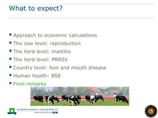 What to expect?



 Approach to economic calculations
 The cow level: reproduction
 The herd level: mastitis
 The herd level: PRRSV
 Country level: foot and mouth disease
 Human health: BSE
 Final remarks
 