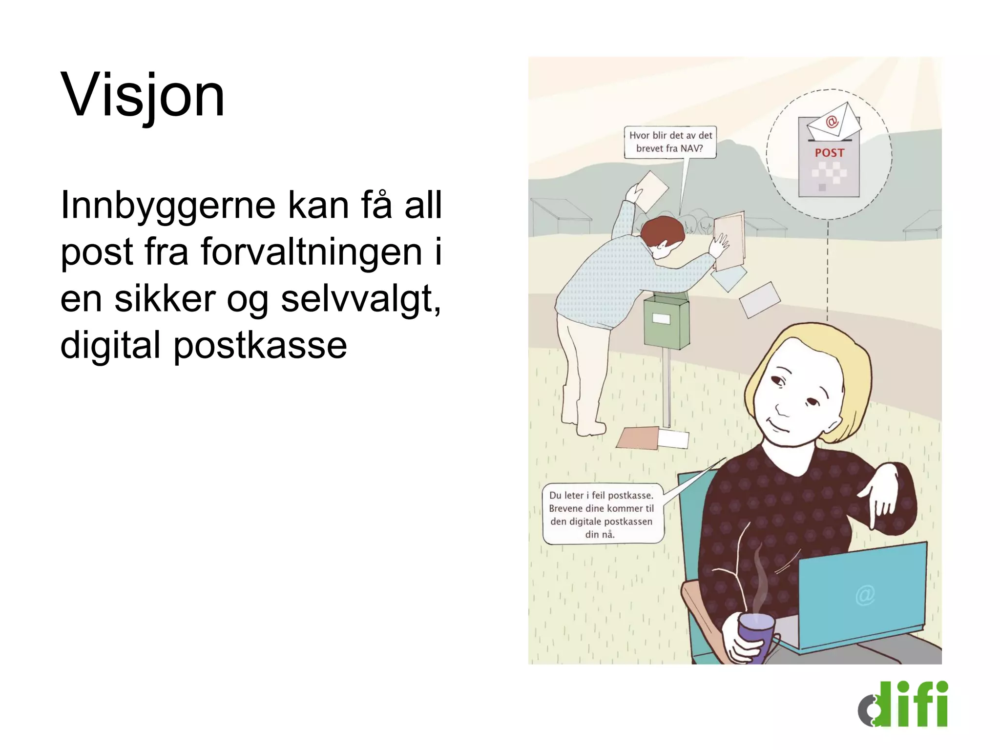 Visjon
Innbyggerne kan få all
post fra forvaltningen i
en sikker og selvvalgt,
digital postkasse
 