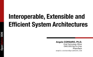 Interoperable, Extensible and
                 Efﬁcient System Architectures
OpenSplice DDS




                                  Angelo CORSARO, Ph.D.
                                          Chief Technology Oﬃcer
                                          OMG DDS Sig Co-Chair
                                                     PrismTech
                                  angelo.corsaro@prismtech.com
 