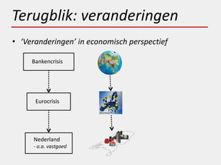 Terugblik: veranderingen
• ‘Veranderingen’ in economisch perspectief

     Bankencrisis




      Eurocrisis




     Nederland
     - o.a. vastgoed
 