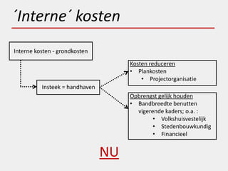 ´Interne´ kosten
Interne kosten - grondkosten
                                     Kosten reduceren
                                     • Plankosten
                                         • Projectorganisatie
          Insteek = handhaven
                                     Opbrengst gelijk houden
                                     • Bandbreedte benutten
                                       vigerende kaders; o.a. :
                                             • Volkshuisvestelijk
                                             • Stedenbouwkundig
                                             • Financieel


                                NU
 