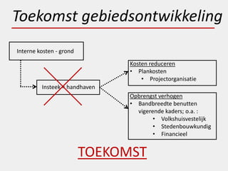 Toekomst gebiedsontwikkeling
Interne kosten - grond
                               Kosten reduceren
                               • Plankosten
                                   • Projectorganisatie
         Insteek = handhaven
                               Opbrengst verhogen
                               • Bandbreedte benutten
                                 vigerende kaders; o.a. :
                                       • Volkshuisvestelijk
                                       • Stedenbouwkundig
                                       • Financieel


                         TOEKOMST
 