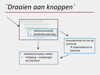 ´Draaien aan knoppen´
    Opbrengst verhogen
    • Bandbreedte benutten
      vigerende kaders; o.a. :
            • Volkshuisvestelijk
            • Stedenbouwkundig
            • Financieel
                                   Veranderende rol van de
                                   overheid:
                                       Kaderstellend en
                                      toetsend
    • Globale(re) kaders stellen
     • Uitdaging = waarborgen
       van kwaliteit
 
