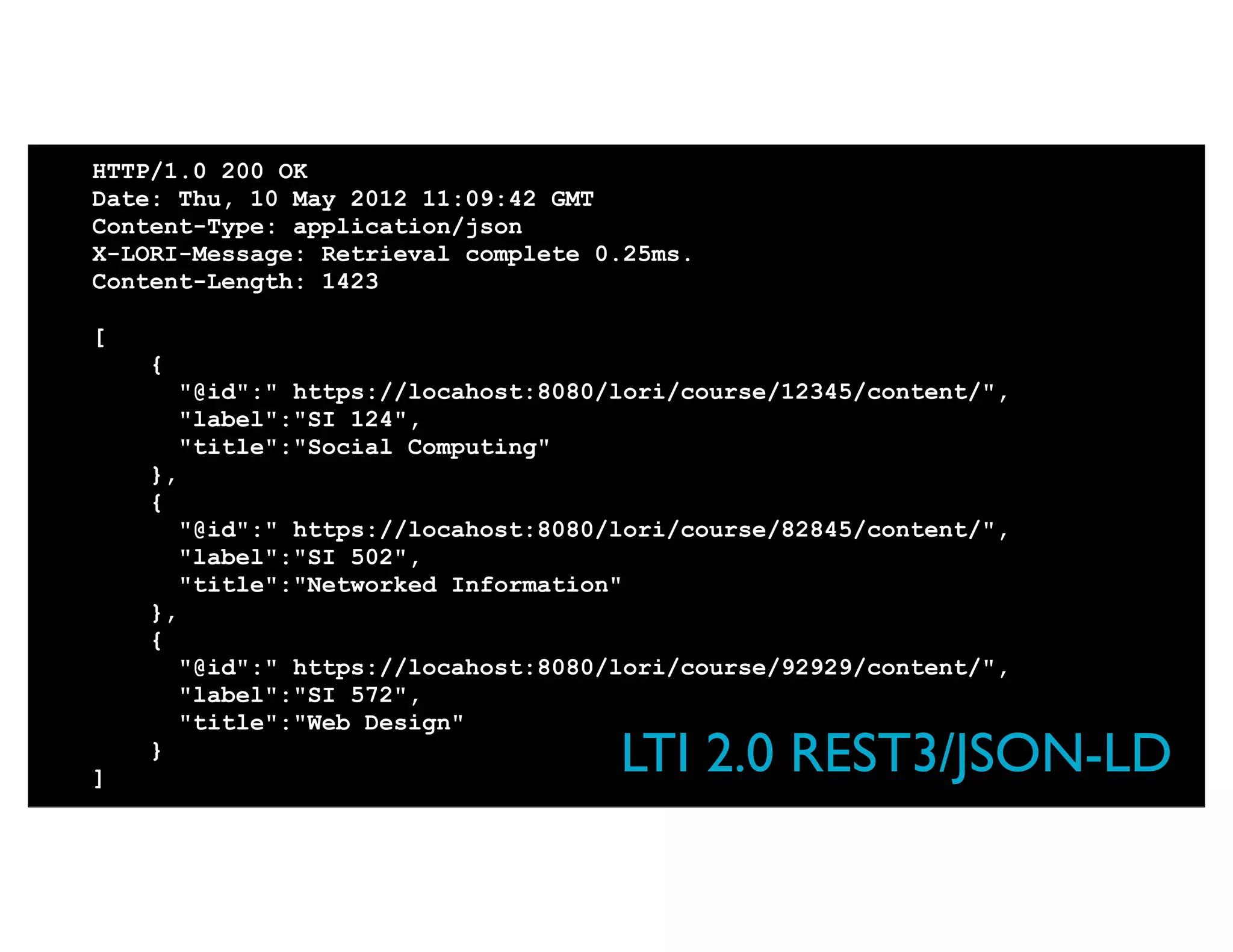 HTTP/1.0 200 OK
Date: Thu, 10 May 2012 11:09:42 GMT
Content-Type: application/json
X-LORI-Message: Retrieval complete 0.25ms.
Content-Length: 1423

[
    {
         "@id":" https://locahost:8080/lori/course/12345/content/",
         "label":"SI 124",
         "title":"Social Computing"
    },
    {
         "@id":" https://locahost:8080/lori/course/82845/content/",
         "label":"SI 502",
         "title":"Networked Information"
    },
    {
         "@id":" https://locahost:8080/lori/course/92929/content/",
         "label":"SI 572",
         "title":"Web Design"

]
    }
                                       LTI 2.0 REST3/JSON-LD
 