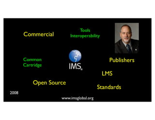 Tools
       Commercial        Interoperability




       Common                                 Publishers
       Cartridge
                                            LMS
           Open Source
                                        Standards
2008
                    www.imsglobal.org
 